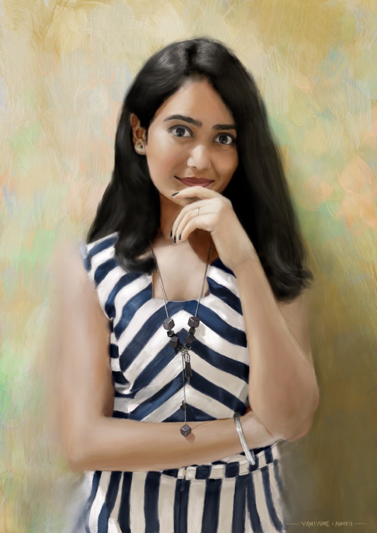 Digital painting of a woman posing in front of a wall. The woman has her left hand on her chin and the other arm crossed in front of her torso, with the hand behind the other arm. She has long black, slightly wavy hair and wears a dress with blue and white stripes. The woman also wears a necklace with multiple cubes and stones as a pendant. There's a silver bracelet on her right wrist. The woman's head faces the camera, and she is smiling.