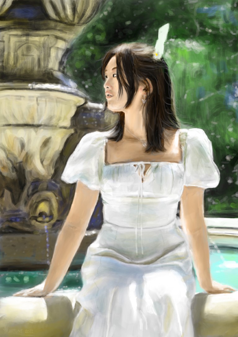 Digital painting depicting the following: A woman with black hair and a white dress sits at a fountain on a sunny day. The woman looks at something in the distance (not depicted in the image), her head is tilted to the left side.