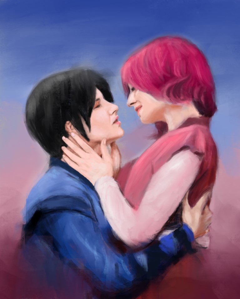 Unfinished digital painting of two women in cosplay about to kiss and embracing each other.