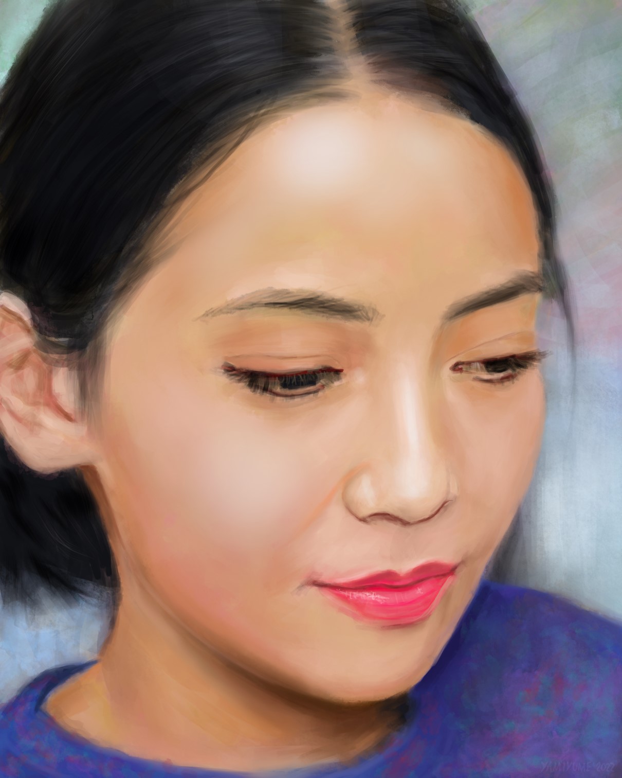 Digitally painted portrait of an Asian woman looking absentminded at nothing in particular, likely daydreaming.