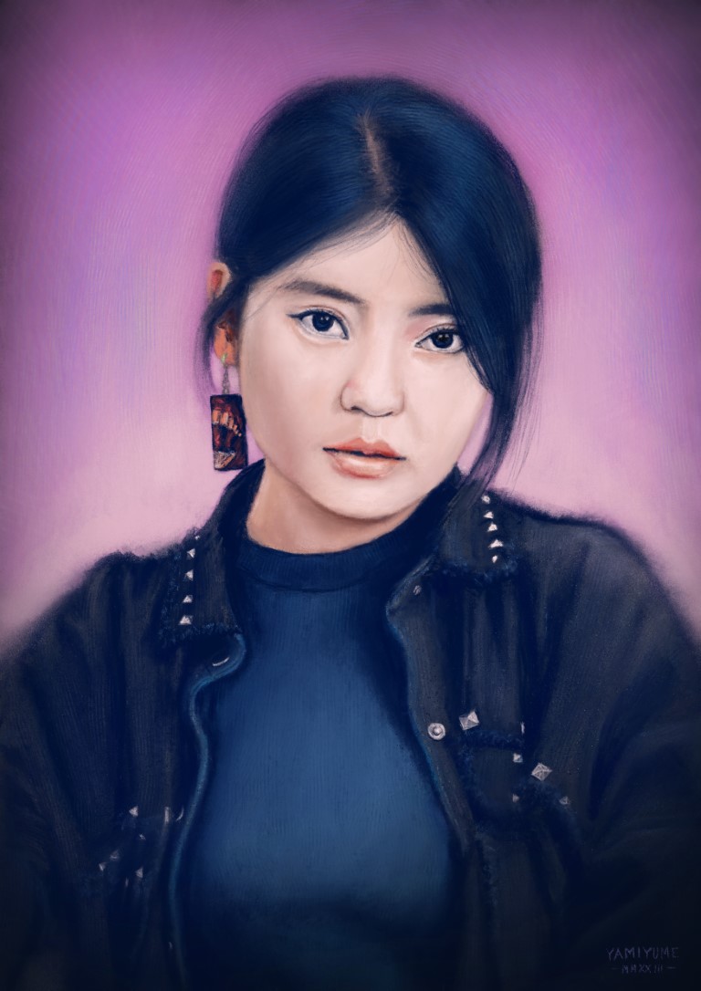 Digitally drawn portrait of an Asian woman (elbows up) looking directly at the camera with a neutral expression and a hint of weariness. She has short black hair with a blue tint and wears a single earring on her right that features a large dangling rectangle with an interesting red and yellow pattern. She is wearing a dark blue top and a cool black jeans jacket with some pyramid-shaped metal applications at the collar and the front.