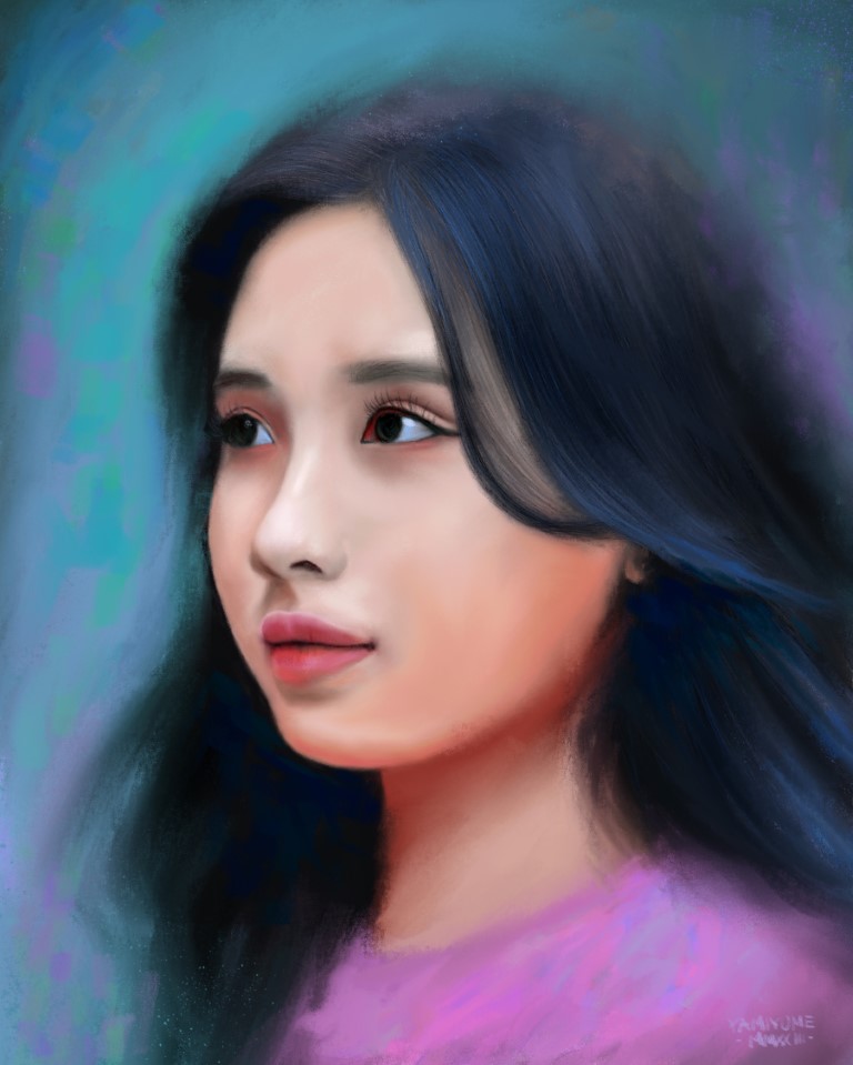 Digitally painted portrait (shoulders up) of a woman with flowy black hair and a pink dress. Her head and eyes are facing the left side of the image.