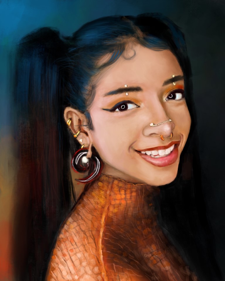 Digital painting of a person with many piercings and long black hair, smiling at the camera.