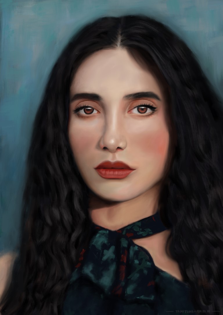 Digitally painted portrait depicting a woman (shoulders up) who looks directly at the camera with a neutral expression. She has long black wavy hair and is wearing a dark blue dress with a green and red flower pattern.