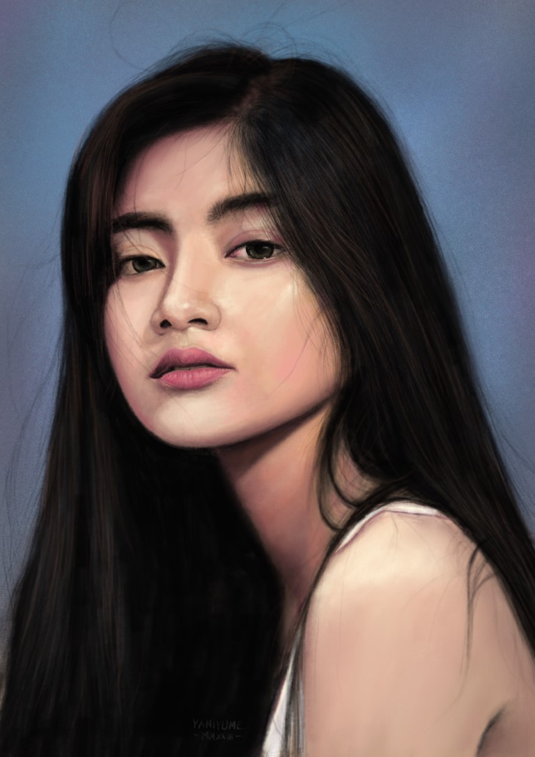 Digitally drawn portrait (shoulders up) of an Asian woman with long black hair. She is looking directly at the camera, her head is tilted to the left side of the image. Some stray hairs are flowing in the wind. She is wearing a white top of which only the shoulder strap is visible.