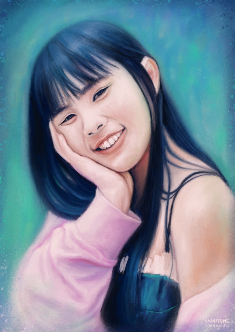 Digitally painted portrait showing a girl (shoulders up) who rests her head on her right hand and smiles broadly. She has long black hair and wears a black top and a light pink jacket.