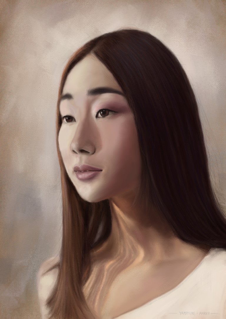 Digital portrait painting (shoulders up) of a woman with long dark brown hair. She looks to the left side of the image and has a neutral expression. Light is filtering through her hair and forming patterns on her neck.