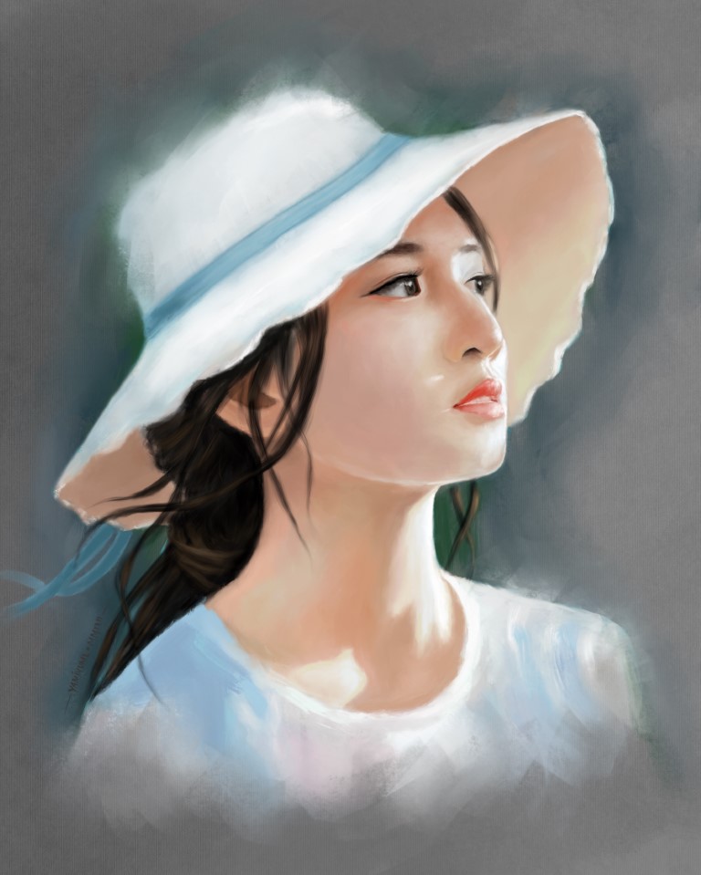 Digital portrait painting (shoulders up) depicting the following: A woman with a white hat and a white dress looks off to the right side of the image. Her long dark hair and the hat's blue ribbon are flowing in the wind. The right side of the woman's face and clothes are lit by an intense summer sun.