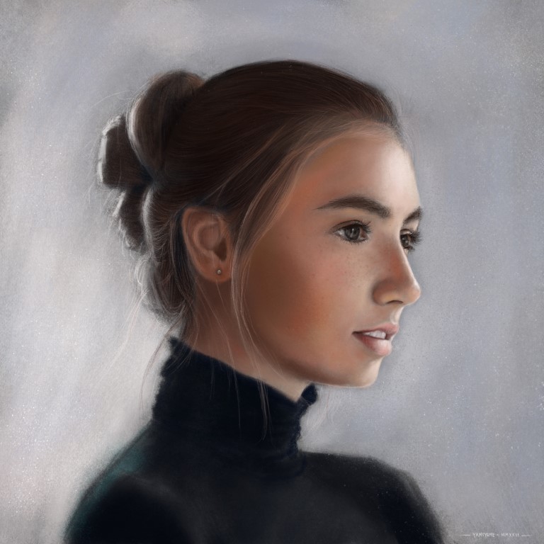 Digitally painted portrait of a woman (shoulders up) looking towards the right side of the image. She has dark blonde hair and is wearing a black turtleneck pullover.