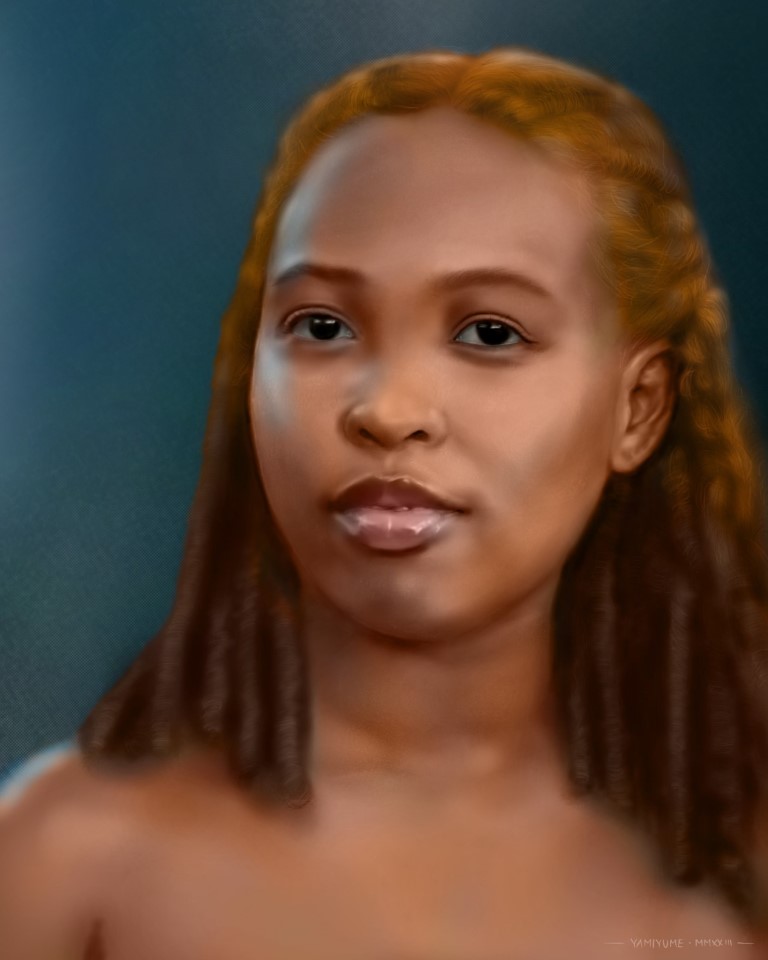 Digitally painted portrait (shoulders up) of a woman with a twist braid hairstyle. The woman is looking directly at the camera with a neutral expression. The painting is painted in a realistic style and has an abstract blue background.