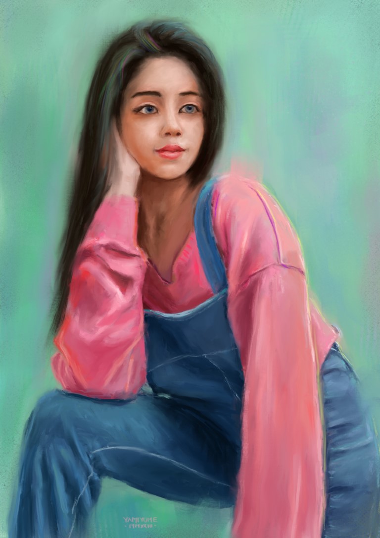 Digital painting of a woman posing in blue overall and a pink sweater. She is resting her head on her right hand, while the right arm rests on her bent right knee. She uses the other arm to prop herself up from the ground. Her head and eyes are facing somewhere to the right of the camera.