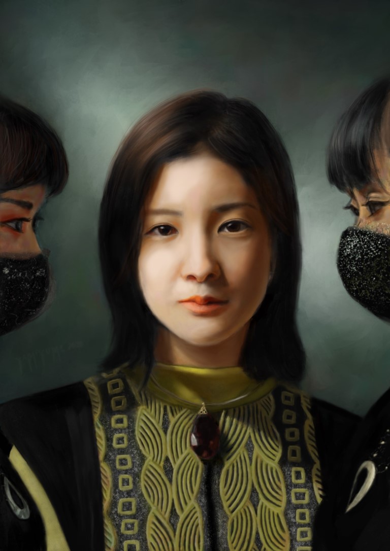 Digitally painted portrait showing Japanese singer/songwriter Yuki Akira along with two dancers from her 'Applause' music video. Yuki Akira is wearing a black and yellow outfit with intricate ornaments and a necklace with a big red translucent stone. She is facing the camera with a neutral expression. The dancers are looking into the image from both sides, facing each other. They are wearing nonmedical face masks.